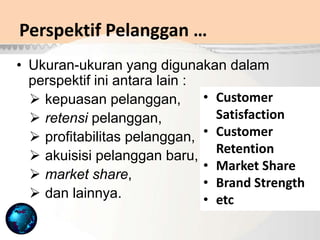 • Ukuran-ukuran yang digunakan dalam
perspektif ini antara lain :
 kepuasan pelanggan,
 retensi pelanggan,
 profitabilitas pelanggan,
 akuisisi pelanggan baru,
 market share,
 dan lainnya.
• Customer
Satisfaction
• Customer
Retention
• Market Share
• Brand Strength
• etc
Perspektif Pelanggan …
 