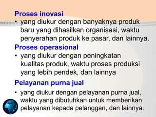 • yang diukur dengan banyaknya produk
baru yang dihasilkan organisasi, waktu
penyerahan produk ke pasar, dan lainnya.
Proses inovasi
Proses operasional
• yang diukur dengan peningkatan
kualitas produk, waktu proses produksi
yang lebih pendek, dan lainnya
Pelayanan purna jual
• yang diukur dengan pelayanan purna jual,
waktu yang dibutuhkan untuk memberikan
pelayanan kepada pelanggan, dan lainnya.
 