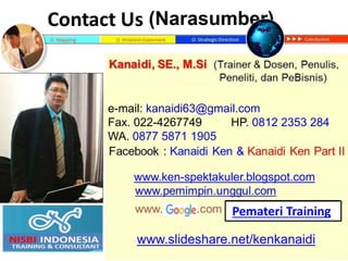 `
www.slideshare.net/kenkanaidi
(Narasumber)
www.ken-spektakuler.blogspot.com
e-mail: kanaidi63@gmail.com
Fax. 022-4267749 HP. 0812 2353 284
WA. 0877 5871 1905
Pemateri Training
 