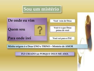 Sou um mistério
De onde eu vim
Quem sou
Para onde irei
Você vem de Deus
Você é o que Deus
pensa de você
Você vai para o PAI
Minha origem é o Deus UNO e TRINO – Mistério de AMOR
FUI CRIADO (a) PORQUE DEUS ME AMA
 