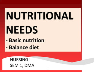 1
NUTRITIONAL
NEEDS
- Basic nutrition
- Balance diet
NURSING I
SEM 1, DMA
 