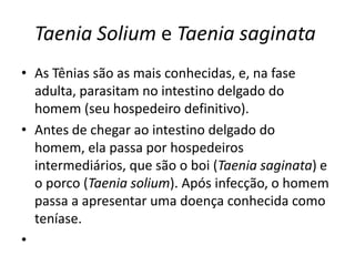Taenia Solium e Taenia saginata
• As Tênias são as mais conhecidas, e, na fase
adulta, parasitam no intestino delgado do
homem (seu hospedeiro definitivo).
• Antes de chegar ao intestino delgado do
homem, ela passa por hospedeiros
intermediários, que são o boi (Taenia saginata) e
o porco (Taenia solium). Após infecção, o homem
passa a apresentar uma doença conhecida como
teníase.
•
 