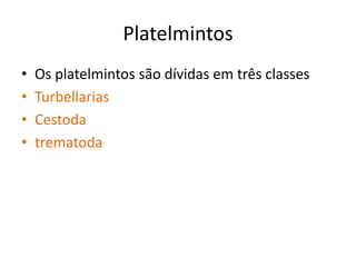 Platelmintos
• Os platelmintos são dívidas em três classes
• Turbellarias
• Cestoda
• trematoda
 