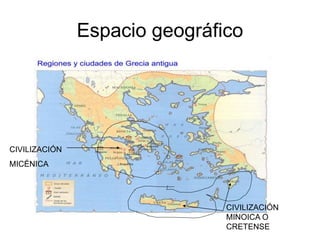 Espacio geográfico
CIVILIZACIÓN
MINOICA O
CRETENSE
CIVILIZACIÓN
MICÉNICA
 