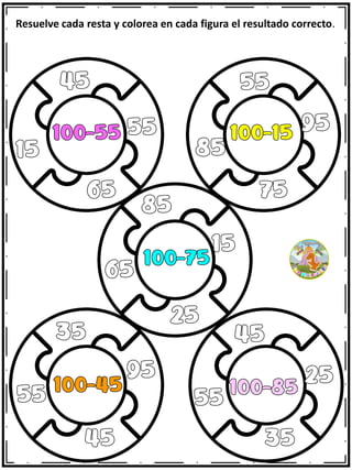 Resuelve cada resta y colorea en cada figura el resultado correcto.
 