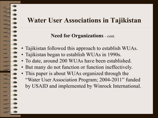 Water User Association and Governance: The Example of Tajikistan