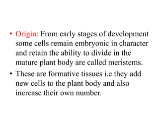 • Origin: From early stages of development
some cells remain embryonic in character
and retain the ability to divide in the
mature plant body are called meristems.
• These are formative tissues i.e they add
new cells to the plant body and also
increase their own number.
 