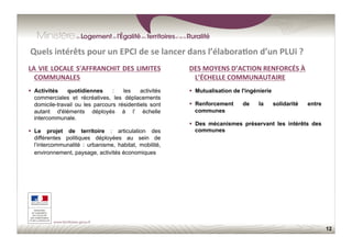 12
Quels	
  intérêts	
  pour	
  un	
  EPCI	
  de	
  se	
  lancer	
  dans	
  l’élabora;on	
  d’un	
  PLUi	
  ?	
  
LA	
  VIE	
  LOCALE	
  S'AFFRANCHIT	
  DES	
  LIMITES	
  
COMMUNALES	
  
  Activités quotidiennes : les activités
commerciales et récréatives, les déplacements
domicile-travail ou les parcours résidentiels sont
autant d'éléments déployés à l’ échelle
intercommunale.
  Le projet de territoire : articulation des
différentes politiques déployées au sein de
l’intercommunalité : urbanisme, habitat, mobilité,
environnement, paysage, activités économiques
DES	
  MOYENS	
  D’ACTION	
  RENFORCÉS	
  À	
  
L’ÉCHELLE	
  COMMUNAUTAIRE	
  
  Mutualisation de l'ingénierie
  Renforcement de la solidarité entre
communes
  Des mécanismes préservant les intérêts des
communes
 