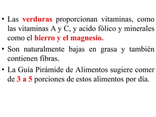 • Las verduras proporcionan vitaminas, como 
las vitaminas A y C, y acido fólico y minerales 
como el hierro y el magnesio. 
• Son naturalmente bajas en grasa y también 
contienen fibras. 
• La Guía Pirámide de Alimentos sugiere comer 
de 3 a 5 porciones de estos alimentos por día. 
 