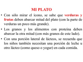MI PLATO 
• Con sólo mirar el ícono, se sabe que verduras y 
frutas deben abarcar mitad del plato (con la parte de 
verduras un poco más grande). 
• Los granos y los alimentos con proteína deben 
abarcar la otra mitad (con más granos de este lado). 
• Con una porción lateral de lácteos, se recuerda que 
los niños también necesitan una porción de leche u 
otro lácteo (como queso o yogur) en cada comida. 
 