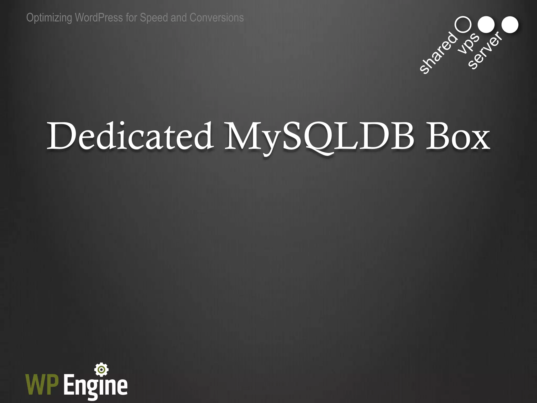 Optimizing WordPress for Speed and Conversions




    Dedicated MySQLDB Box
 