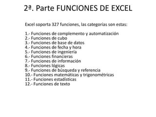 2ª. Parte FUNCIONES DE EXCEL
Excel soporta 327 funciones, las categorías son estas:
1.- Funciones de complemento y automatización
2.- Funciones de cubo
3.- Funciones de base de datos
4.- Funciones de fecha y hora
5.- Funciones de ingeniería
6.- Funciones financieras
7.- Funciones de información
8.- Funciones lógicas
9.- Funciones de búsqueda y referencia
10.- Funciones matemáticas y trigonométricas
11.- Funciones estadísticas
12.- Funciones de texto
 