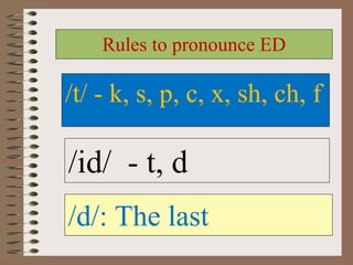 Rules to pronounce ED

/t/ - k, s, p, c, x, sh, ch, f

/id/  - t, d
/d/: The last 
 