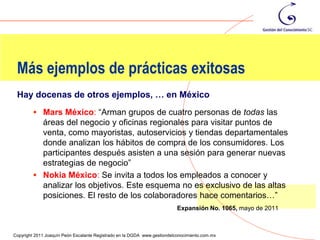 Más ejemplos de prácticas exitosas
 Hay docenas de otros ejemplos, … en México
          Mars México: “Arman grupos de cuatro personas de todas las
           áreas del negocio y oficinas regionales para visitar puntos de
           venta, como mayoristas, autoservicios y tiendas departamentales
           donde analizan los hábitos de compra de los consumidores. Los
           participantes después asisten a una sesión para generar nuevas
           estrategias de negocio”
          Nokia México: Se invita a todos los empleados a conocer y
           analizar los objetivos. Este esquema no es exclusivo de las altas
           posiciones. El resto de los colaboradores hace comentarios…”
                                                                           Expansión No. 1065, mayo de 2011

                                                                                                              106
Copyright 2011 Joaquín Peón Escalante Registrado en la DGDA www.gestiondelconocimiento.com.mx
 