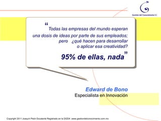 “Todas las empresas del mundo esperan
                       una dosis de ideas por parte de sus empleados;
                                    pero ¿qué hacen para desarrollar
                                             o aplicar esa creatividad?

                                                 95% de ellas, nada”



                                                                       Edward de Bono
                                                              Especialista en Innovación


                                                                                                115
Copyright 2011 Joaquín Peón Escalante Registrado en la DGDA www.gestiondelconocimiento.com.mx
 