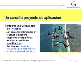 Un sencillo proyecto de aplicación
  3. Integrar una Comunidad
      de Práctica
     con personas interesadas en
     resolver el caso de
     negocios escogido y así
     alcanzar X resultados
     cuantitativos.
     Por ejemplo: reducir la
     rotación de personal, mejorar
     el clima organizacional, etc.


                                                                                                120
Copyright 2011 Joaquín Peón Escalante Registrado en la DGDA www.gestiondelconocimiento.com.mx
 