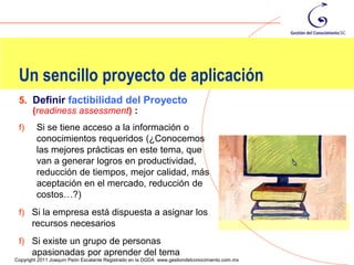 Un sencillo proyecto de aplicación
 5. Definir factibilidad del Proyecto
    (readiness assessment) :
 f)      Si se tiene acceso a la información o
         conocimientos requeridos (¿Conocemos
         las mejores prácticas en este tema, que
         van a generar logros en productividad,
         reducción de tiempos, mejor calidad, más
         aceptación en el mercado, reducción de
         costos…?)
 f) Si la empresa está dispuesta a asignar los
       recursos necesarios
 f) Si existe un grupo de personas
                                                                                                124
       apasionadas por aprender del tema
Copyright 2011 Joaquín Peón Escalante Registrado en la DGDA www.gestiondelconocimiento.com.mx
 