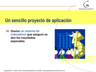 Un sencillo proyecto de aplicación

   10. Diseñar un sistema de                                             100
          indicadores que asegure se
          den los resultados                                               80
          esperados                                                        60
                                                                                                        Este
                                                                           40                           Oeste
                                                                           20                           Norte

                                                                             0
                                                                                  1er            3er
                                                                                 trim.          trim.
                                                                                                          129
Copyright 2011 Joaquín Peón Escalante Registrado en la DGDA www.gestiondelconocimiento.com.mx
 