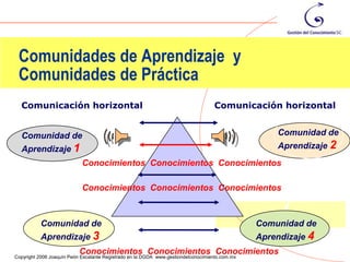 Comunidades de Aprendizaje y
 Comunidades de Práctica
  Comunicación horizontal                                                          Comunicación horizontal


  Comunidad de                                                                                      Comunidad de
  Aprendizaje 1                                                                                     Aprendizaje 2
                            Conocimientos Conocimientos Conocimientos

                            Conocimientos Conocimientos Conocimientos



          Comunidad de                                                                          Comunidad de
          Aprendizaje 3                                                                         Aprendizaje 4
                                                                                                                13
                           Conocimientos Conocimientos Conocimientos
Copyright 2006 Joaquín Peón Escalante Registrado en la DGDA www.gestiondelconocimiento.com.mx
 