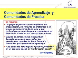 Comunidades de Aprendizaje y
 Comunidades de Práctica
   En resumen
  Un grupo de personas que comparten una
   preocupación, un conjunto de problemas o un
   interés común acerca de un tema y que
   profundizan su conocimiento y competencia en
   esta área a través de una interacción continua
  Grupos de personas que intercambian
    Conocimientos para aprovechar sus
    experiencias pasadas de forma integral e
    interactiva, para poder hacer algo mejor
  “Las personas construyen su propio aprendizaje
    en un contexto social, en la interacción social”
                                                                    Lev Vygotzky
                                                                                                23
Copyright 2011 Joaquín Peón Escalante Registrado en la DGDA www.gestiondelconocimiento.com.mx
 