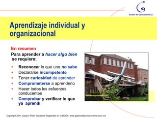 Aprendizaje individual y
  organizacional
    En resumen
    Para aprender a hacer algo bien
    se requiere:
          Reconocer lo que uno no sabe
          Declararse incompetente
          Tener curiosidad de aprender
          Comprometerse a aprenderlo
          Hacer todos los esfuerzos
           conducentes
          Comprobar y verificar lo que
           ya aprendí
                                                                                                38
Copyright 2011 Joaquín Peón Escalante Registrado en la DGDA www.gestiondelconocimiento.com.mx
 