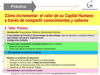Práctica

Cómo incrementar el valor de su Capital Humano
a través de compartir conocimientos y saberes
2 Taller: Práctica
• Introducción: Expectativas, Objetivos, Metodología Didáctica
• Comunidades de Práctica y Comunidades de Aprendizaje: algunos ejemplos y conceptos básicos
• Aprendizaje individual y organizacional
• Inteligencias múltiples
• Proceso para incrementar el Capital Humano de tu empresa
 • Mapa de Conocimiento
 • Crear una cultura centrada en construir Conocimiento
 • Más ejemplos de prácticas exitosas

• Realizar un proyecto de aplicación
  • Crear una Comunidad de Práctica o de Aprendizaje
  • Escoger un tema y crear un Mapa de Conocimiento
  • Desarrollar un esquema para crear una cultura centrada en el Conocimiento
  • Diseño de un Plan Inicial de Trabajo
• Conclusiones y aprendizajes principales                                                             4
      Copyright 2011 Joaquín Peón Escalante Registrado en la DGDA www.gestiondelconocimiento.com.mx
 