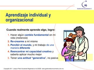 Aprendizaje individual y
  organizacional
    Cuando realmente aprendo algo, logro:
      1. Hacer algún cambio fundamental en mi
         vida (metanoia)
      2. Re-crearme a mí mismo
      3. Percibir el mundo, y mi trabajo de una
         manera diferente
      4. Reencontrar mi capacidad creativa y
         saberla aplicar mucho mejor
      5. Tener una actitud “generativa”, no pasiva


                                                                                                41
Copyright 2011 Joaquín Peón Escalante Registrado en la DGDA www.gestiondelconocimiento.com.mx
 