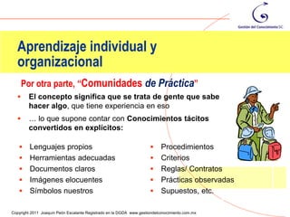Aprendizaje individual y
  organizacional
      Por otra parte, “Comunidades de Práctica”
       El concepto significa que se trata de gente que sabe
        hacer algo, que tiene experiencia en eso
       … lo que supone contar con Conocimientos tácitos
        convertidos en explícitos:

        Lenguajes propios                                                Procedimientos
        Herramientas adecuadas                                           Criterios
        Documentos claros                                                Reglas/ Contratos
        Imágenes elocuentes                                              Prácticas observadas
        Símbolos nuestros                                                Supuestos, etc.
                                                                                                  42
Copyright 2011 Joaquín Peón Escalante Registrado en la DGDA www.gestiondelconocimiento.com.mx
 