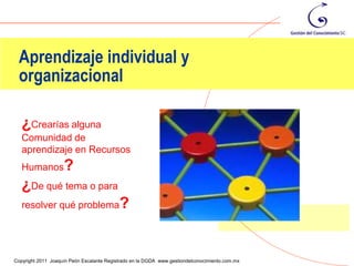 Aprendizaje individual y
 organizacional

   ¿Crearías alguna
   Comunidad de
   aprendizaje en Recursos
   Humanos?
   ¿De qué tema o para
   resolver qué problema                   ?

                                                                                                44
Copyright 2011 Joaquín Peón Escalante Registrado en la DGDA www.gestiondelconocimiento.com.mx
 