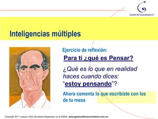 Inteligencias múltiples
                                                   Ejercicio de reflexión:
                                                    Para ti ¿qué es Pensar?
                                                    ¿Qué es lo que en realidad
                                                    haces cuando dices:
                                                    “estoy pensando”?
                                                    Ahora comenta lo que escribiste con los
                                                    de tu mesa
                                                                                                46
Copyright 2011 Joaquín Peón Escalante Registrado en la DGDA www.gestiondelconocimiento.com.mx
 