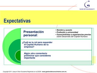 Expectativas
                                                                            • Nombre y puesto
                              Presentación                                  • Profesión y universidad
                                                                            • Conocimientos o experiencias previas
                              personal:                                       sobre Desarrollo del Capital Humano


                            ¿Cuál es tu rol para expander
                             el Capital Humano de tu
                             empresa?


                              Algún otro comentario
                              preliminar que consideres
                              importante



                                                                                                                     5
Copyright 2011 Joaquín Peón Escalante Registrado en la DGDA www.gestiondelconocimiento.com.mx
 