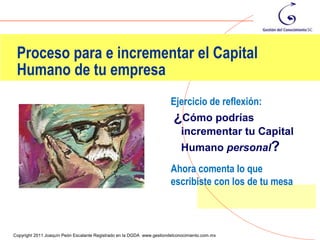 Proceso para e incrementar el Capital
 Humano de tu empresa
                                                                        Ejercicio de reflexión:
                                                                         ¿Cómo podrías
                                                                             incrementar tu Capital
                                                                             Humano personal?
                                                                        Ahora comenta lo que
                                                                        escribiste con los de tu mesa


                                                                                                        57
Copyright 2011 Joaquín Peón Escalante Registrado en la DGDA www.gestiondelconocimiento.com.mx
 