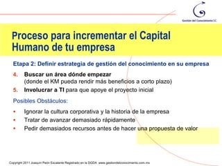 Proceso para incrementar el Capital
 Humano de tu empresa
  Etapa 2: Definir estrategia de gestión del conocimiento en su empresa
  4.     Buscar un área dónde empezar
         (donde el KM pueda rendir más beneficios a corto plazo)
  5.     Involucrar a TI para que apoye el proyecto inicial
  Posibles Obstáculos:
        Ignorar la cultura corporativa y la historia de la empresa
        Tratar de avanzar demasiado rápidamente
        Pedir demasiados recursos antes de hacer una propuesta de valor



                                                                                                68
Copyright 2011 Joaquín Peón Escalante Registrado en la DGDA www.gestiondelconocimiento.com.mx
 