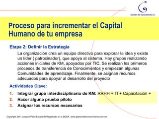 Proceso para incrementar el Capital
 Humano de tu empresa
  Etapa 2: Definir la Estrategia
          La organización crea un equipo directivo para explorar la idea y existe
          un líder ( patrocinador), que apoya al sistema. Hay grupos realizando
          acciones iniciales de KM, apoyados por TIC. Se realizan los primeros
          procesos de transferencia de Conocimientos y empiezan algunas
          Comunidades de aprendizaje. Finalmente, se asignan recursos
          adecuados para apoyar al desarrollo del proyecto
  Actividades Clave:
  1.      Integrar grupo interdisciplinario de KM: RRHH + TI + Capacitación +
  2.      Hacer alguna prueba piloto
  3.      Asignar los recursos necesarios
                                                                                                69
Copyright 2011 Joaquín Peón Escalante Registrado en la DGDA www.gestiondelconocimiento.com.mx
 