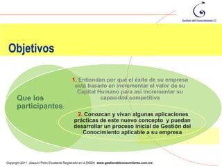 Objetivos

                                         1. Entiendan por qué el éxito de su empresa
                                          está basado en incrementar el valor de su
                                           Capital Humano para así incrementar su
      Que los                                       capacidad competitiva
      participantes:
                                           2. Conozcan y vivan algunas aplicaciones
                                          prácticas de este nuevo concepto y puedan
                                          desarrollar un proceso inicial de Gestión del
                                             Conocimiento aplicable a su empresa



                                                                                                7
Copyright 2011 Joaquín Peón Escalante Registrado en la DGDA www.gestiondelconocimiento.com.mx
 