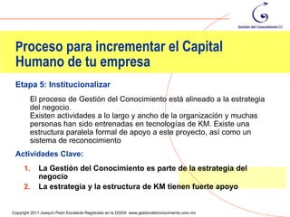 Proceso para incrementar el Capital
 Humano de tu empresa
 Etapa 5: Institucionalizar
         El proceso de Gestión del Conocimiento está alineado a la estrategia
         del negocio.
         Existen actividades a lo largo y ancho de la organización y muchas
         personas han sido entrenadas en tecnologías de KM. Existe una
         estructura paralela formal de apoyo a este proyecto, así como un
         sistema de reconocimiento
 Actividades Clave:
      1.     La Gestión del Conocimiento es parte de la estrategia del
             negocio
      2.     La estrategia y la estructura de KM tienen fuerte apoyo

                                                                                                72
Copyright 2011 Joaquín Peón Escalante Registrado en la DGDA www.gestiondelconocimiento.com.mx
 