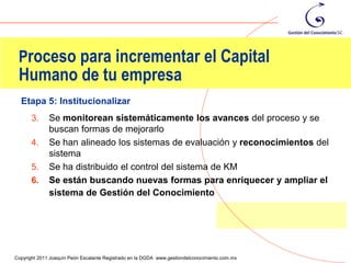 Proceso para incrementar el Capital
 Humano de tu empresa
  Etapa 5: Institucionalizar
       3.     Se monitorean sistemáticamente los avances del proceso y se
              buscan formas de mejorarlo
       4.     Se han alineado los sistemas de evaluación y reconocimientos del
              sistema
       5.     Se ha distribuido el control del sistema de KM
       6.     Se están buscando nuevas formas para enriquecer y ampliar el
              sistema de Gestión del Conocimiento




                                                                                                73
Copyright 2011 Joaquín Peón Escalante Registrado en la DGDA www.gestiondelconocimiento.com.mx
 