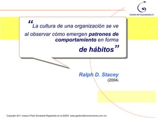 “La cultura de una organización se ve
                al observar cómo emergen patrones de
                             comportamiento en forma
                                                                   de hábitos”


                                                                   Ralph D. Stacey
                                                                                                (2004)




                                                                                                         83
Copyright 2011 Joaquín Peón Escalante Registrado en la DGDA www.gestiondelconocimiento.com.mx
 