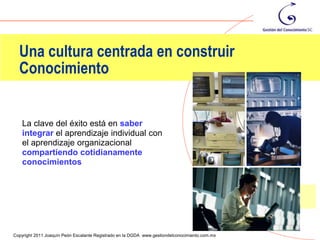 Una cultura centrada en construir
  Conocimiento


    La clave del éxito está en saber
    integrar el aprendizaje individual con
    el aprendizaje organizacional
    compartiendo cotidianamente
    conocimientos




                                                                                                92
Copyright 2011 Joaquín Peón Escalante Registrado en la DGDA www.gestiondelconocimiento.com.mx
 