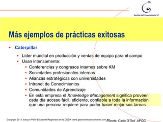 Más ejemplos de prácticas exitosas
  Caterpillar
          Líder mundial en producción y ventas de equipo para el campo
          Usan intensamente:
              Conferencias y congresos internos sobre KM
              Sociedades profesionales internas
              Alianzas estratégicas con universidades
              Intranet de Conocimientos
              Comunidades de Aprendizaje
              En esta empresa el Knowledge Management significa proveer
                    cada día acceso fácil, eficiente, confiable a toda la información
                    que una persona requiere para poder hacer mejor sus tareas

                                                                                                                      97
Copyright 2011 Joaquín Peón Escalante Registrado en la DGDA www.gestiondelconocimiento.com.mx
                                                                                         Fuente: Carla O’Dell ,APQC
 