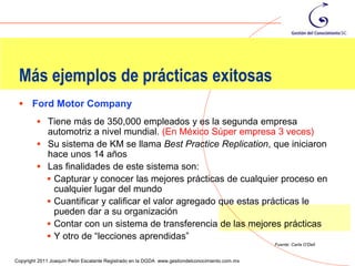 Más ejemplos de prácticas exitosas
  Ford Motor Company
          Tiene más de 350,000 empleados y es la segunda empresa
           automotriz a nivel mundial. (En México Súper empresa 3 veces)
          Su sistema de KM se llama Best Practice Replication, que iniciaron
           hace unos 14 años
          Las finalidades de este sistema son:
            Capturar y conocer las mejores prácticas de cualquier proceso en
             cualquier lugar del mundo
            Cuantificar y calificar el valor agregado que estas prácticas le
             pueden dar a su organización
            Contar con un sistema de transferencia de las mejores prácticas
            Y otro de “lecciones aprendidas”
                                                                                                Fuente: Carla O’Dell
                                                                                                                       98
Copyright 2011 Joaquín Peón Escalante Registrado en la DGDA www.gestiondelconocimiento.com.mx
 