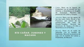 • Cañar: Nace en la laguna de
Culebrillas con el nombre de San
Antonio, y desemboca en el golfo
de Guayaquil. Recorre las
provincias de Cañar y Guayas.
• Jubones: Nace con las aguas de
los ríos León, Girón, Rircay y San
Francisco, que vienen de las
estribaciones del nudo de
Portete-Tinajillas. Recorre las
provincias de Azuay y El Oro, y
desemboca en el Pacífico.
• Macará: Nace en el nudo de
Sabanilla con el nombre de
Espíndola. Recorre la provincia de
Loja con el nombre de Calvas y,
finalmente, de Macará.
 