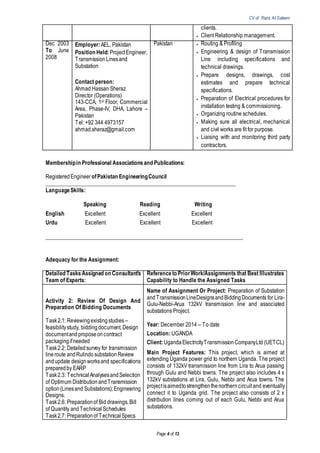 CV of Raza Ali Saleem
Page 4 of 13
clients.
 Client Relationship management.
Dec 2003
To June
2008
Employer:AEL, Pakistan
Position Held:ProjectEngineer,
TransmissionLinesand
Substation
Contact person:
Ahmad Hassan Sheraz
Director (Operations)
143-CCA, 1st Floor, Commercial
Area, Phase-IV, DHA, Lahore –
Pakistan
Tel: +92 344 4973157
ahmad.sheraz@gmail.com
Pakistan  Routing & Profiling
 Engineering & design of Transmission
Line including specifications and
technical drawings.
 Prepare designs, drawings, cost
estimates and prepare technical
specifications.
 Preparation of Electrical procedures for
installation testing & commissioning.
 Organizing routine schedules.
 Making sure all electrical, mechanical
and civil works are fit for purpose.
 Liaising with and monitoring third party
contractors.
Membershipin Professional Associationsand Publications:
RegisteredEngineerofPakistan EngineeringCouncil
______________________________________________________________________
LanguageSkills:
Speaking Reading Writing
English Excellent Excellent Excellent
Urdu Excellent Excellent Excellent
______________________________________________________________________
Adequacy for the Assignment:
Detailed TasksAssigned on Consultant’s
Team of Experts:
Referenceto PriorWork/Assignments that Best Illustrates
Capability to Handle the Assigned Tasks
Activity 2: Review Of Design And
Preparation Of Bidding Documents
Task2.1: Reviewingexistingstudies –
feasibilitystudy, biddingdocument,Design
documentandproposeoncontract
packagingifneeded
Task2.2: Detailedsurvey for transmission
lineroute andRulindo substationReview
andupdate designworksand specifications
preparedby EARP
Task2.3: Technical AnalysesandSelection
of Optimum DistributionandTransmission
option(Linesand Substations);Engineering
Designs.
Task2.6: Preparationof Bid drawings,Bill
of Quantity andTechnical Schedules
Task2.7: Preparationof Technical Specs
Name of Assignment Or Project: Preparation of Substation
andTransmissionLineDesignsandBiddingDocuments for Lira-
Gulu-Nebbi-Arua 132kV transmission line and associated
substations Project.
Year: December 2014 – To date
Location: UGANDA
Client:UgandaElectricityTransmissionCompanyLtd (UETCL)
Main Project Features: This project, which is aimed at
extending Uganda power grid to northern Uganda. The project
consists of 132kV transmission line from Lira to Arua passing
through Gulu and Nebbi towns. The project also includes 4 x
132kV substations at Lira, Gulu, Nebbi and Arua towns. The
projectisaimedtostrengthenthenortherncircuit and eventually
connect it to Uganda grid. The project also consists of 2 x
distribution lines coming out of each Gulu, Nebbi and Arua
substations.
 