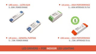 LED DRIVERS – FOR INDOOR LED LIGHTING
 LN SERIES – HIGH PERFORMANCE
5 – 40W APPROVED TO TUV
 LMS SERIES – ULTRA SLIN
5 - 30W POWER RANGE
 LM SERIES – GENERAL PURPOSE
5 – 75W POWER RANGE
 LNS SERIES – HIGH PERFORMANCE
5 – 75W APPROVED TO UL
 