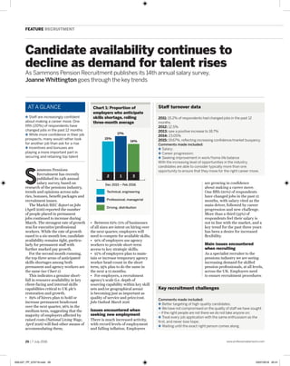 26 | 7 July 2016 www.professionalpensions.com
at a glance
feature Recruitment
✤ Staff are increasingly confident
about making a career move. One
fifth (20%) of respondents have
changed jobs in the past 12 months
✤ While more confidence in their job
prospects, many would rather look
for another job than ask for a rise
✤ Incentives and bonuses are
playing a more important part in
securing and retaining top talent
As Sammons Pension Recruitment publishes its 14th annual salary survey,
Joanne Whittington goes through the key trends
Candidate availability continues to
decline as demand for talent rises
S
ammons Pensions
Recruitment has recently
published its 14th annual
salary survey, based on
research of the pensions industry,
trends and opinions across sala-
ries, bonuses, benefit packages and
recruitment issues.
The Markit/REC Report on Jobs
(April 2016) reported the number
of people placed in permanent
jobs continued to increase during
March. The strongest rate of growth
was for executive/professional
workers. While the rate of growth
eased to a six-month low, candidate
availability remains tight, particu-
larly for permanent staff with
further marked pay growth.
For the second month running,
the top three areas of anticipated
skills shortages among both
permanent and agency workers are
the same (see Chart 1).
This indicates a genuine short-
fall in resource availability in key
client-facing and internal skills
capabilities critical to UK plc’s
restoration and growth.
•	 89% of hirers plan to hold or
increase permanent headcount
over the next quarter, 96% in the
medium term, suggesting that the
majority of employers affected by
raised costs (National Living Wage,
April 2016) will find other means of
accommodating them;
•	 Between 62%-71% of businesses
of all sizes are intent on hiring over
the next quarter, employers will
need to compete for available skills;
•	 91% of employers use agency
workers to provide short-term
access to key strategic skills;
•	 97% of employers plan to main-
tain or increase temporary agency
worker head-count in the short
term, 95% plan to do the same in
the next 4-12 months;
•	 For employers, a recruitment
agency’s scale (i.e. depth of
sourcing capability within key skill
sets and/or geographical areas)
is becoming just as important as
quality of service and price/cost.
Jobs Outlook March 2016
Issues encountered when
seeking new employment
There is much increased activity,
with record levels of employment
and falling inflation. Employees
are growing in confidence
about making a career move.
One fifth (20%) of respondents
have changed jobs in the past 12
months, with salary cited as the
main driver, followed by career
progression and new challenge.
More than a third (35%) of
respondents feel their salary is
not in line with the market, and a
key trend for the past three years
has been a desire for increased
flexibility.
Main issues encountered
when recruiting
As a specialist recruiter to the
pensions industry we are seeing
increasing demand for skilled
pension professionals, at all levels,
across the UK. Employers need
to ensure recruitment procedures
Chart 1: Proportion of
employers who anticipate
skills shortage, rolling
three-month average
Driving, distribution
Professional, managerial
Technical, engineering
15%
17%
14%
Dec 2015 – Feb 2016
12 3
Comments made included:
✤ Better targeting of high-quality candidates;
✤ We have not compromised on the quality of staff we have sought
– if the right people are not there we do not take anyone on;
✤ Treat every job application with the same enthusiasm as the
first, and never lose hope;
✤ Waiting until the exact right person comes along.
2011: 15.2% of respondents had changed jobs in the past 12
months
2012: 12.5%
2013: saw a positive increase to 18.7%
2014: 23.05%
2015: 19.67%, reflecting increasing confidence/market buoyancy.
Comments made included:
✤ Salary;
✤ Career progression;
✤ Seeking improvement in work/home life balance
With the increasing level of opportunities in the industry,
candidates are able to consider typically more than one
opportunity to ensure that they move for the right career move.
Key recruitment challenges
Staff turnover data
026-027_PP_070716.indd 26 03/07/2016 20:41
 