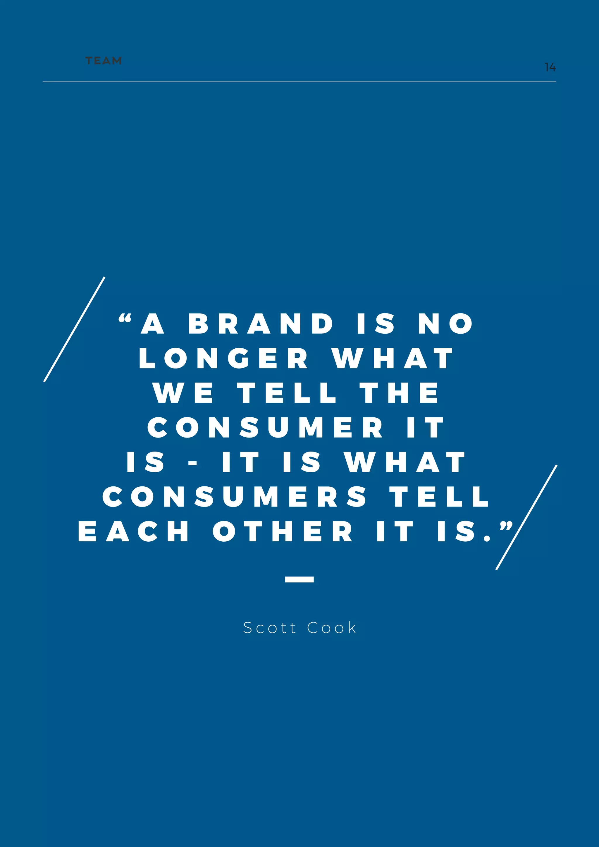 3
14
S c o t t C o o k
“ A B R A N D I S N O
L O N G E R W H A T
W E T E L L T H E
C O N S U M E R I T
I S - I T I S W H A T
C O N S U M E R S T E L L
E A C H O T H E R I T I S . ”
 