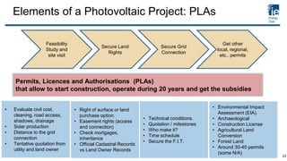 Elements of a Photovoltaic Project: PLAs
Feasibility
Study and
site visit
Secure Land
Rights
Secure Grid
Connection
Get other
local, regional,
etc.. permits
Permits, Licences and Authorisations (PLAs)
that allow to start construction, operate during 20 years and get the subsidies
• Evaluate civil cost,
cleaning, road access,
shadows, drainage
• Solar production
• Distance to the grid
connection
• Tentative quotation from
utility and land owner
• Right of surface or land
purchase option.
• Easement rights (access
and connection)
• Check mortgages,
inheritance
• Official Cadastral Records
vs Land Owner Records
• Technical conditions.
• Quotation / milestones
• Who make it?
• Time schedule
• Secure the F.I.T.
• Environmental Impact
Assessment (EIA).
• Archaeological
• Construction License
• Agricultural Land
Conversion
• Forest Land
• Around 30-40 permits
(some N/A)
23
 