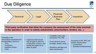 Due Diligence
Technical Legal
Financial:
Business
Plan
Insurance
Third party verification that allow the company the assessment of the risks involved
in the operation in order to satisfy stakeholders (shareholders, lenders, etc…)
Credibility of the
assumptions expressed and
the feasibility in terms of:
• Time
• Constrains
• suppliers chosen.
• Costs
• Legal bond that secure
that all rights to start the
construction, connect, and
exploit the project for at
least 20 years
• Credibility of the solar
production P75, P90.
• Financial terms (tenor,
leverage, spread, swap…)
• Deviations admitted and
bank requirements
According to IPP, EPC and
lenders requirements:
• Construction.
• Operation & Maintenance
25
 