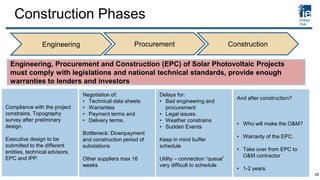 Construction Phases
Engineering Procurement Construction
Engineering, Procurement and Construction (EPC) of Solar Photovoltaic Projects
must comply with legislations and national technical standards, provide enough
warranties to lenders and investors
Compliance with the project
constrains. Topography
survey after preliminary
design.
Executive design to be
submitted to the different
entities, technical advisors,
EPC and IPP.
Negotiation of:
• Technical data sheets
• Warranties
• Payment terms and
• Delivery terms.
Bottleneck: Downpayment
and construction period of
substations
Other suppliers max 16
weeks
Delays for:
• Bad engineering and
procurement
• Legal issues.
• Weather constrains
• Sudden Events
Keep in mind buffer
schedule
Utility – connection “queue”
very difficult to schedule
And after construction?
• Who will make the O&M?
• Warranty of the EPC.
• Take over from EPC to
O&M contractor
• 1-2 years.
26
 