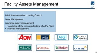 Facility Assets Management
Administrative and Accounting Control
Legal Management
Insurance policy management
• Knowledge of the main risk factors of a PV Plant
• Incidents management
35
 